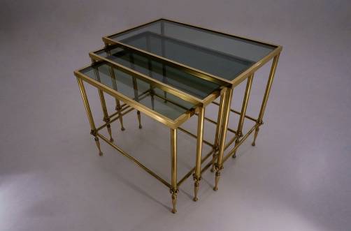 Maison Jansen large nesting tables, brass & green glass, 1950`s ca, French